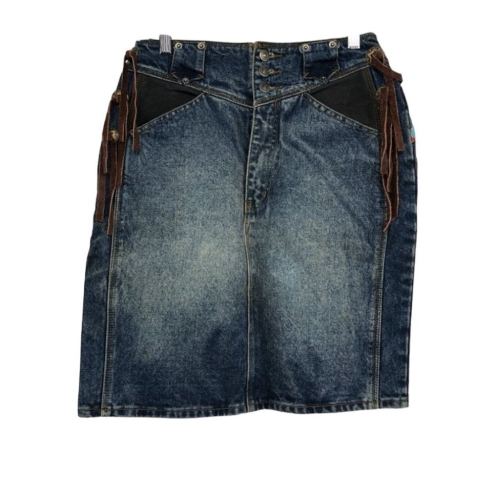 NO! Jeans Medium Wash Denim Short Skirt w/ Embroidery and Leather Tassel Accents